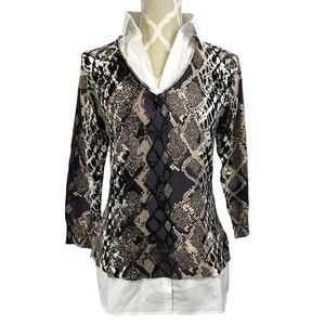Joseph Ribkoff Snake Print V Neck Sweater Knit Top‎ White Shirt Collar Layered M